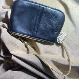 Coach Black Leather Wristlet with Gold Trim